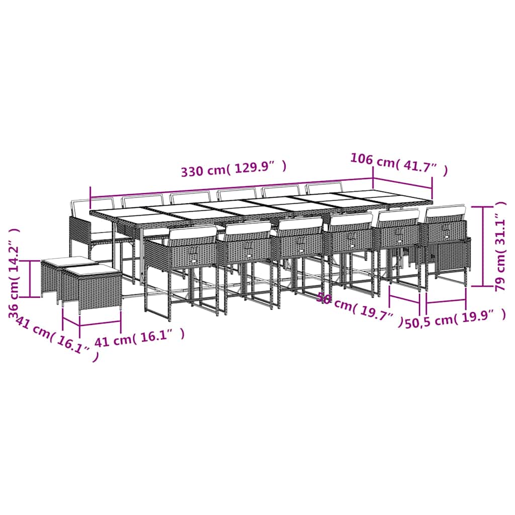 vidaXL 17 Piece Garden Dining Set with Cushions Brown Poly Rattan 6