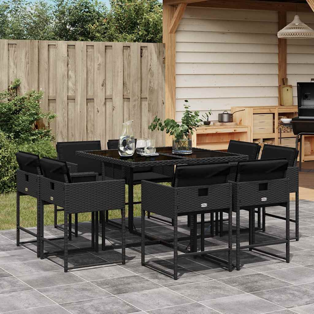 9 Piece Garden Dining Set with Cushions Poly Rattan Glass 8 pcs Black