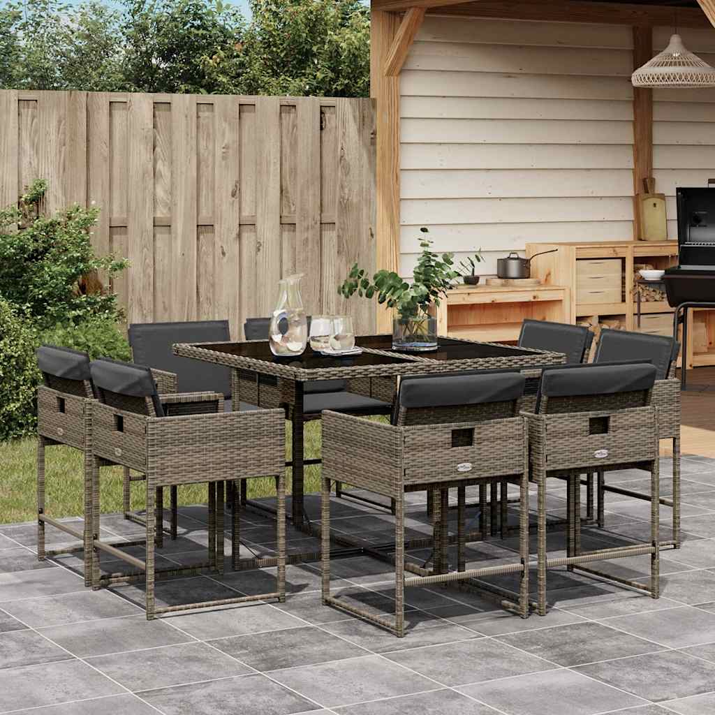 9 Piece Garden Dining Set with Cushions Poly Rattan Glass 8 pcs Grey