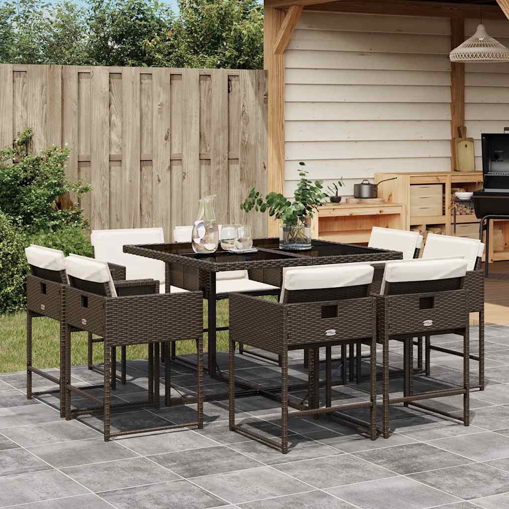 9 Piece Garden Dining Set with Cushions Poly Rattan Glass 8 pcs Brown