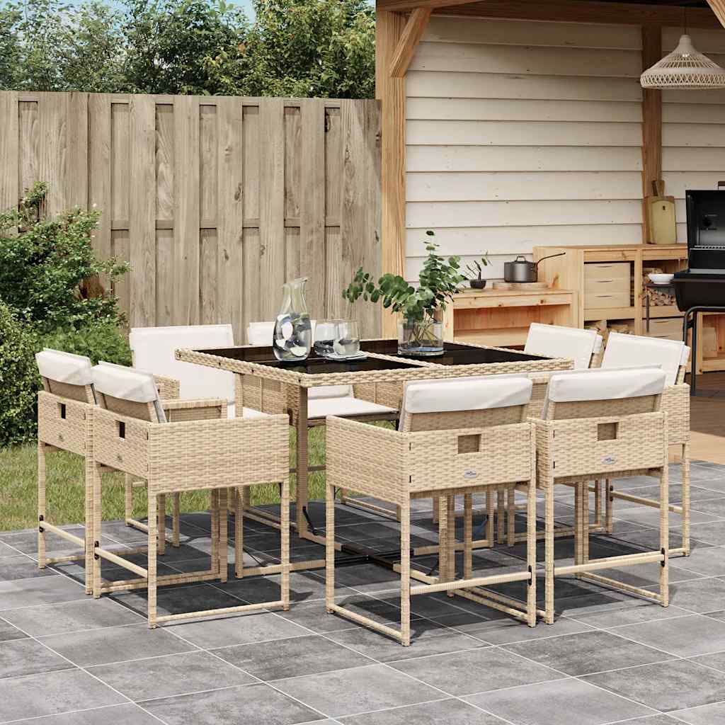 9 Piece Garden Dining Set with Cushions Poly Rattan Glass 8 pcs Beige
