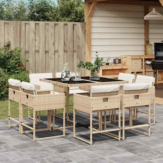 9 Piece Garden Dining Set with Cushions Poly Rattan Glass 8 pcs Beige