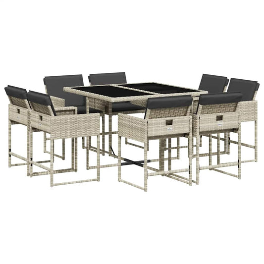 vidaXL 9 Piece Garden Dining Set with Cushions Light Grey Poly Rattan 2