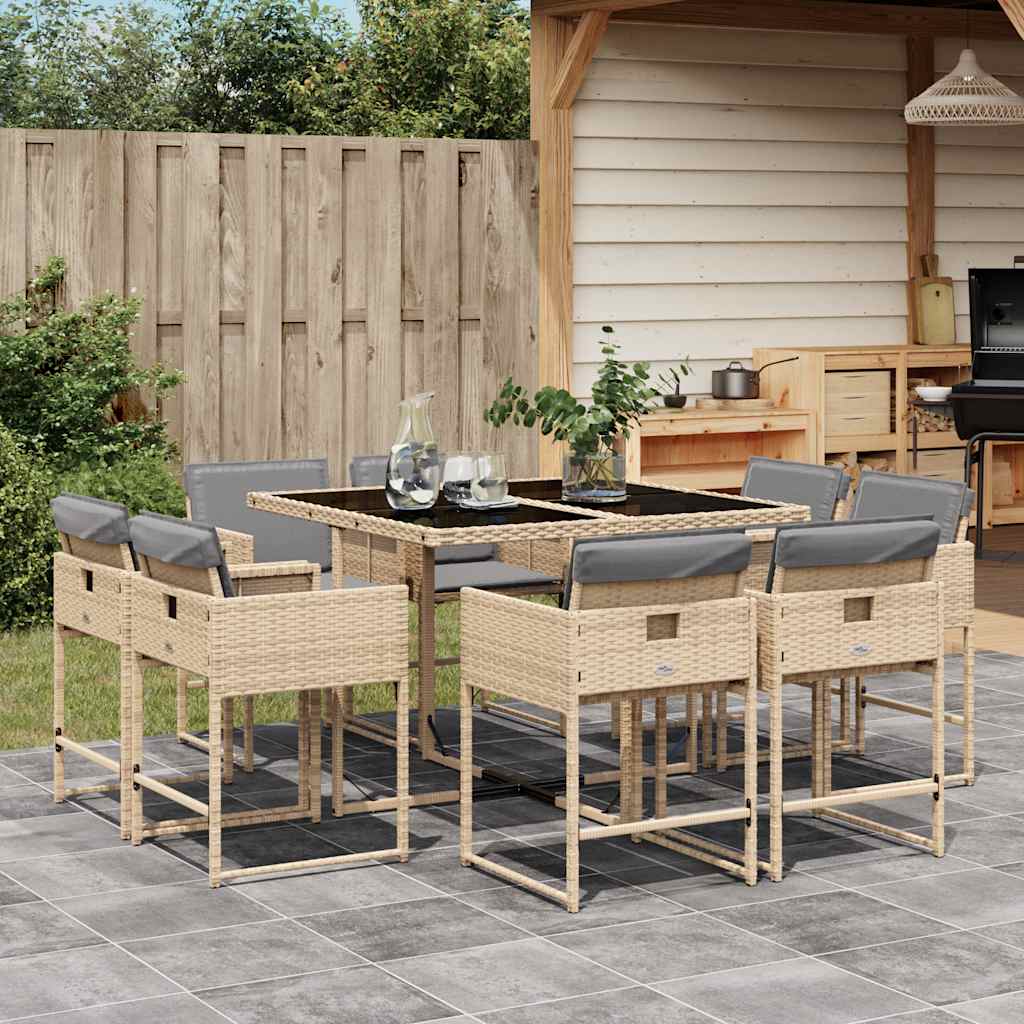 9 Piece Garden Dining Set with Cushions Poly Rattan Glass 8 pcs Mix beige