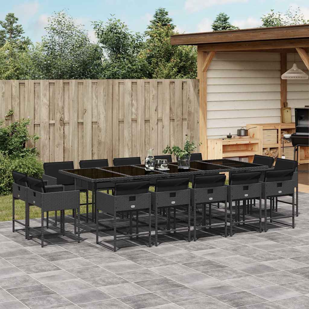 vidaXL 15 Piece Garden Dining Set with Cushions Black Poly Rattan 1