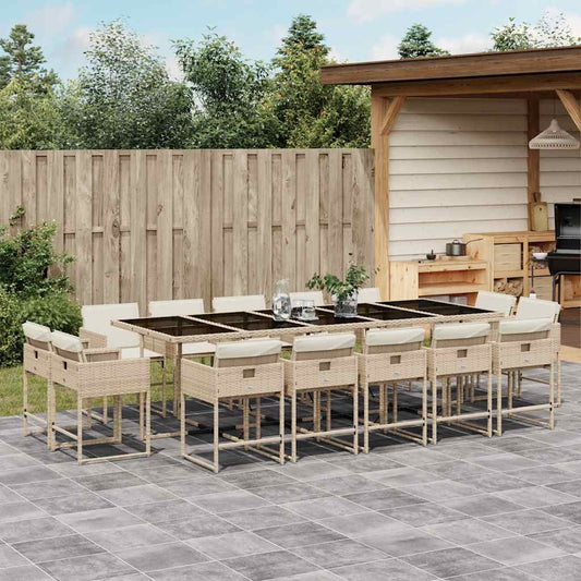 15 Piece Garden Dining Set with Cushions Poly Rattan Glass 14 Beige