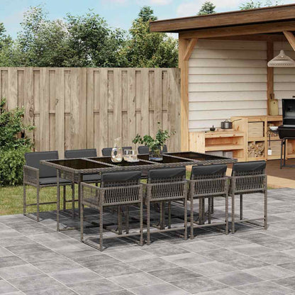 9 Piece Garden Dining Set with Cushions Poly Rattan Glass 8 pcs Grey