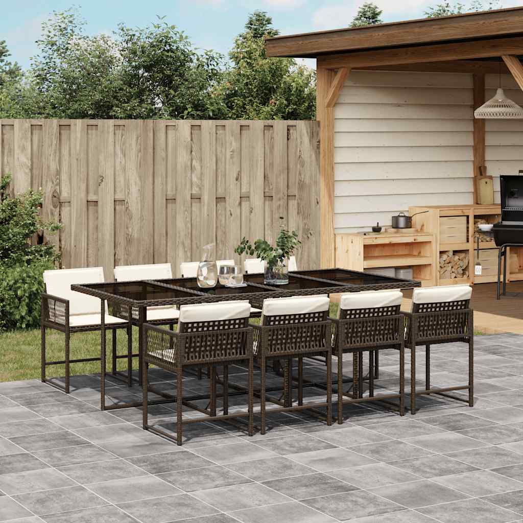 9 Piece Garden Dining Set with Cushions Poly Rattan Glass 8 pcs Brown and cream