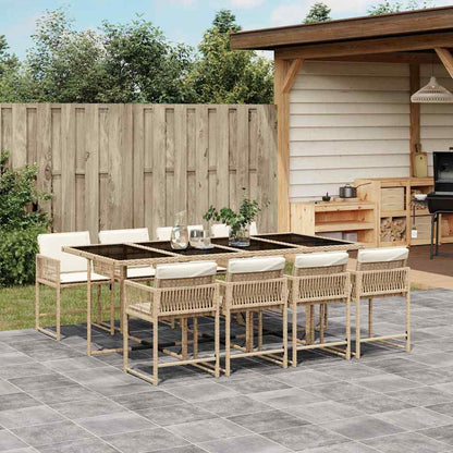 9 Piece Garden Dining Set with Cushions Poly Rattan Glass 8 pcs Beige and cream