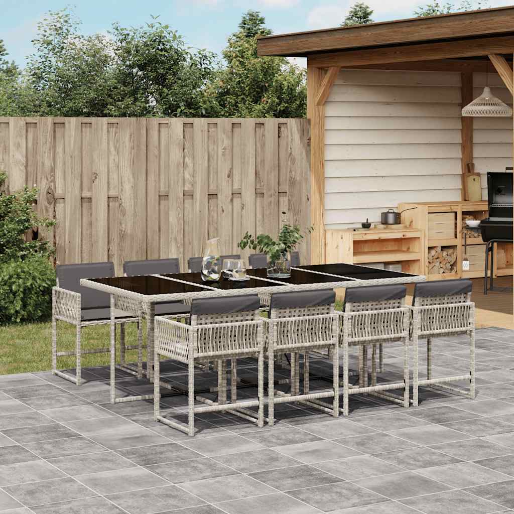 9 Piece Garden Dining Set with Cushions Poly Rattan Glass 8 pcs Light grey