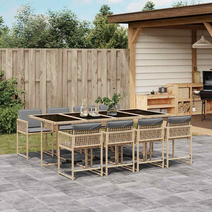 9 Piece Garden Dining Set with Cushions Poly Rattan Glass 8 pcs Mix beige