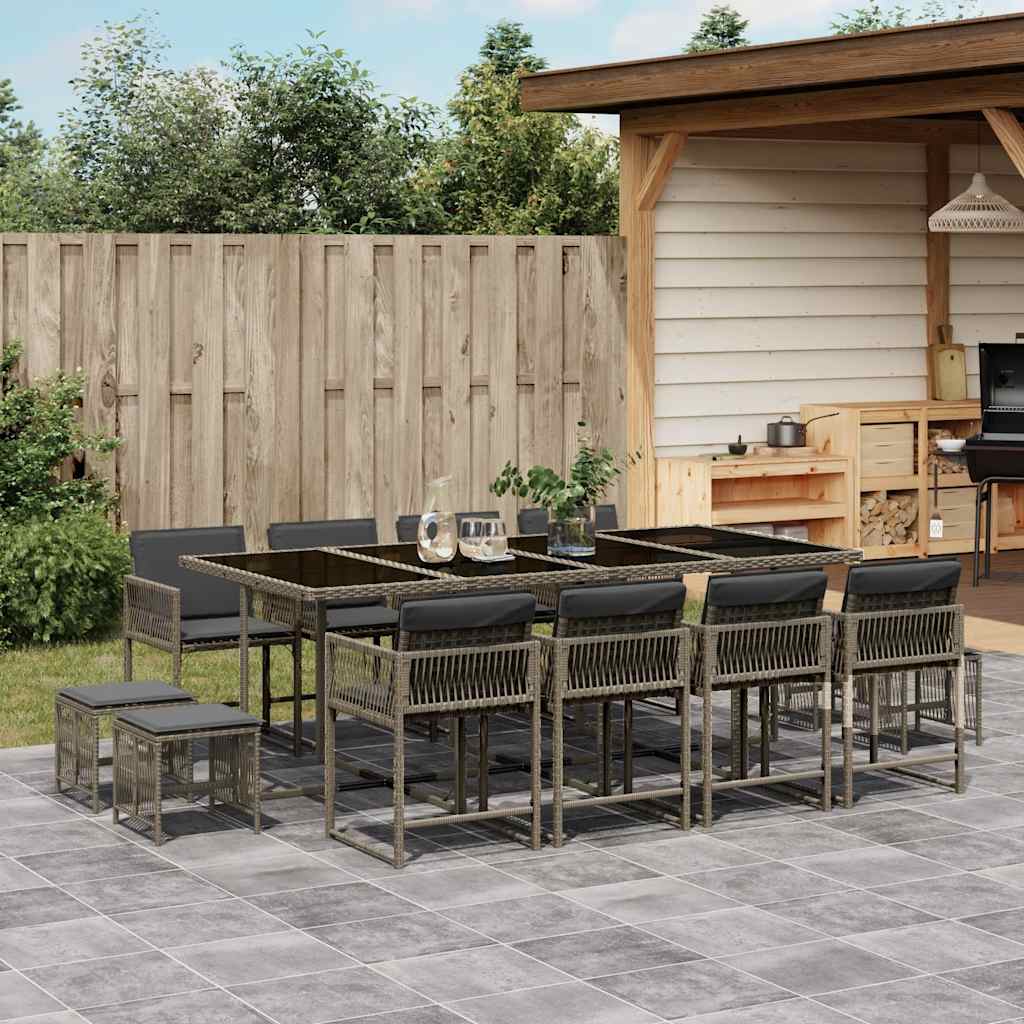 vidaXL 13 Piece Garden Dining Set with Cushions Grey Poly Rattan 1