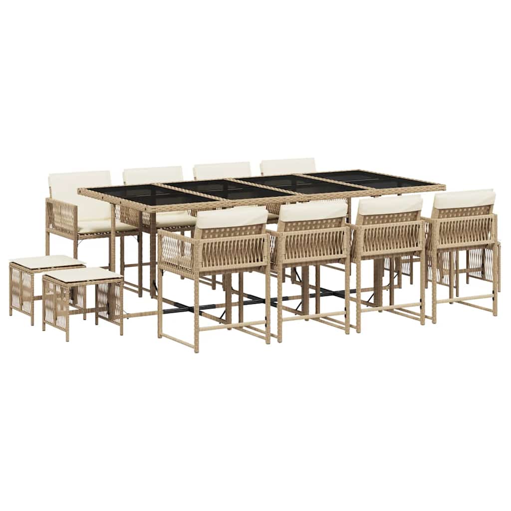 vidaXL 13 Piece Garden Dining Set with Cushions Beige Poly Rattan 2