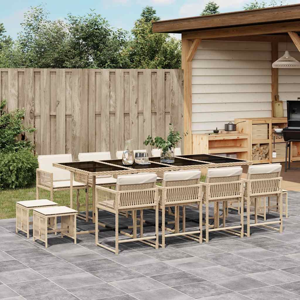 vidaXL 13 Piece Garden Dining Set with Cushions Beige Poly Rattan 1