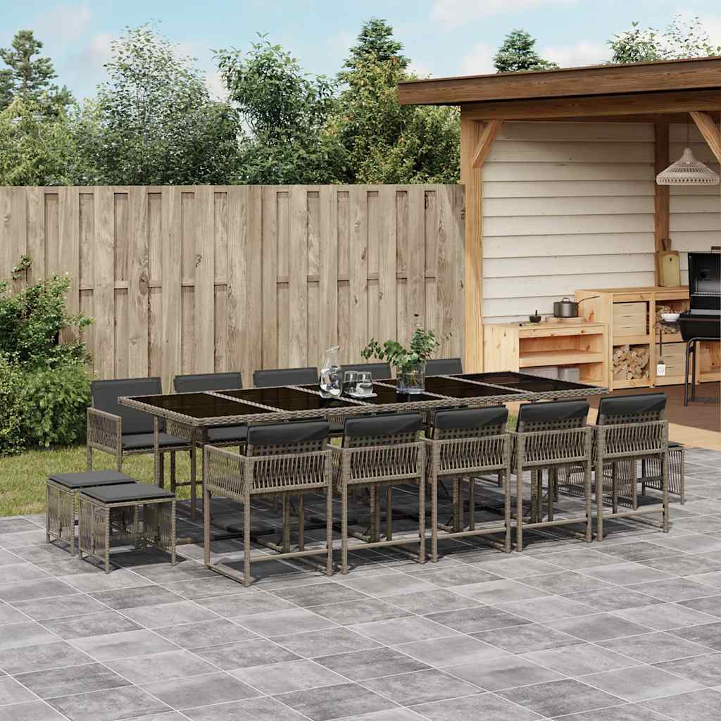 vidaXL 15 Piece Garden Dining Set with Cushions Grey Poly Rattan 1