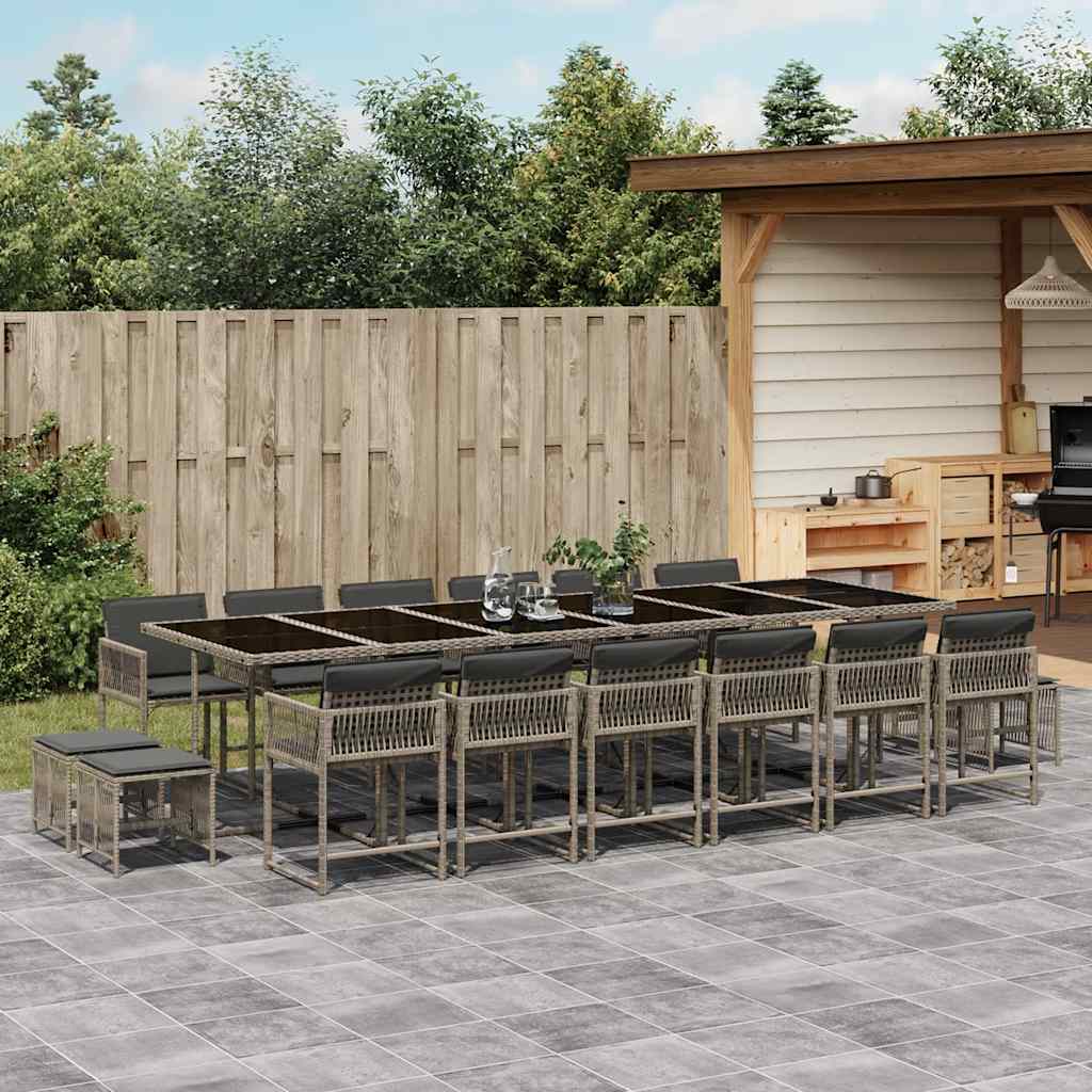 17 Piece Garden Dining Set with Cushions Poly Rattan Glass 16 Grey