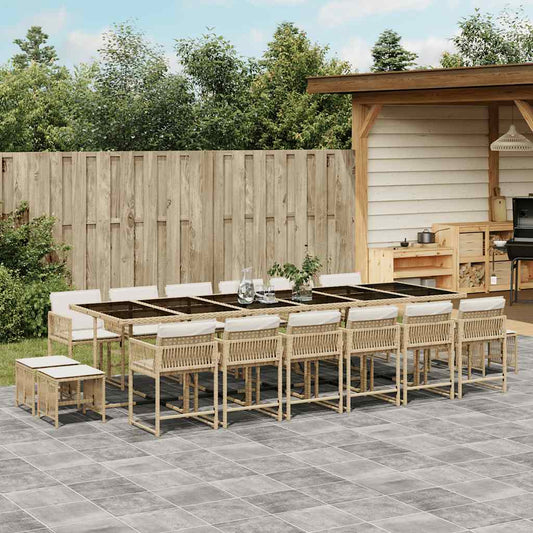 17 Piece Garden Dining Set with Cushions Poly Rattan Glass 16 Beige and cream