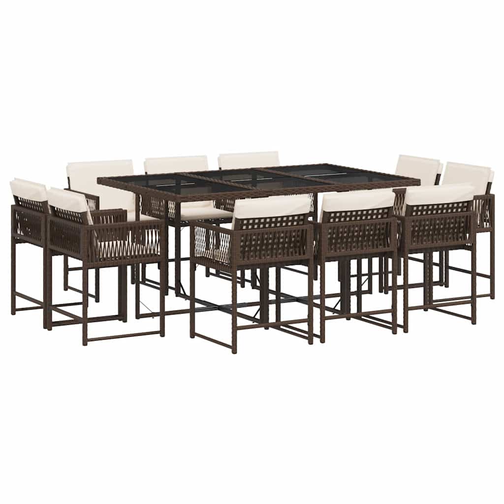 vidaXL 11 Piece Garden Dining Set with Cushions Brown Poly Rattan 2