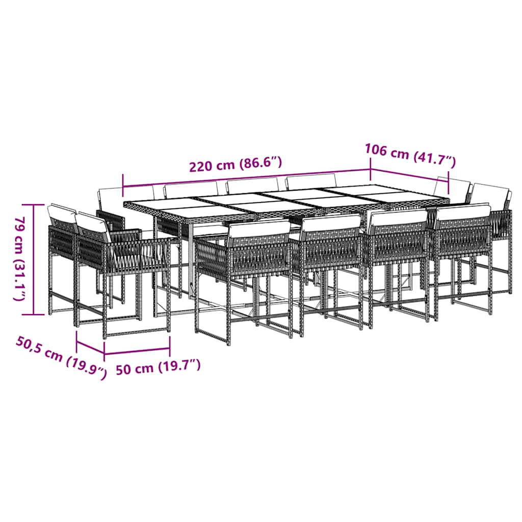 vidaXL 13 Piece Garden Dining Set with Cushions Brown Poly Rattan 5