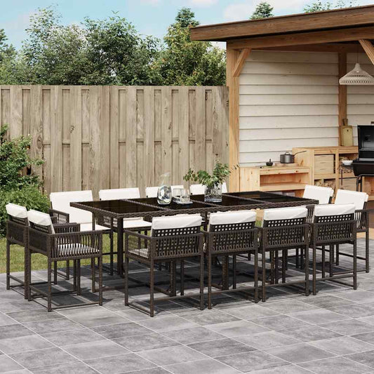 13 Piece Garden Dining Set with Cushions Poly Rattan Glass 12 Brown