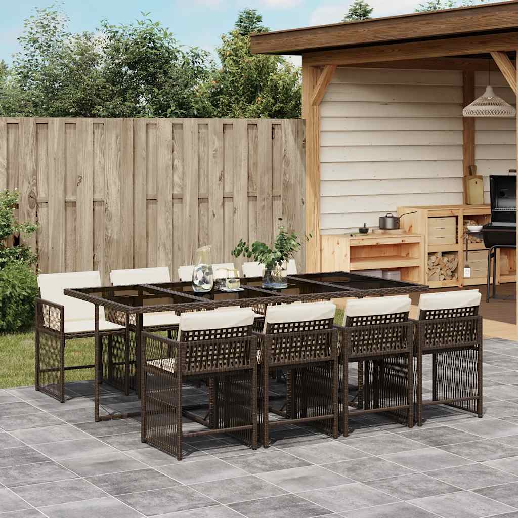 vidaXL 9 Piece Garden Dining Set with Cushions Brown Poly Rattan 1