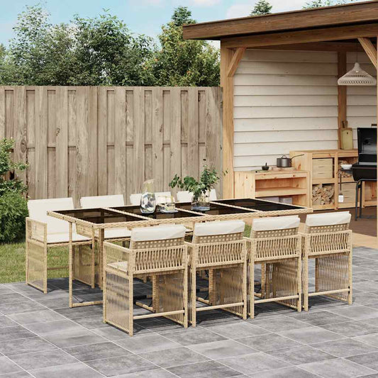 vidaXL 9 Piece Garden Dining Set with Cushions Beige Poly Rattan 1