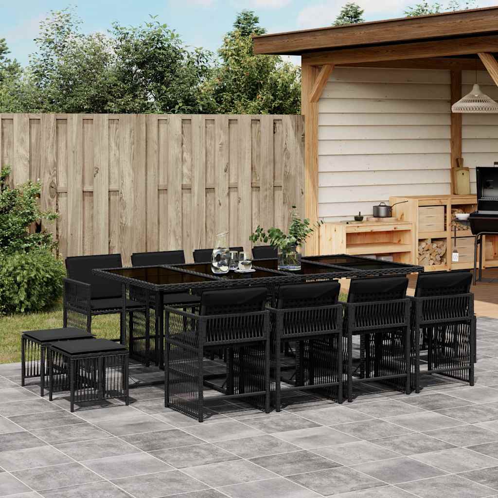 vidaXL 13 Piece Garden Dining Set with Cushions Black Poly Rattan 1