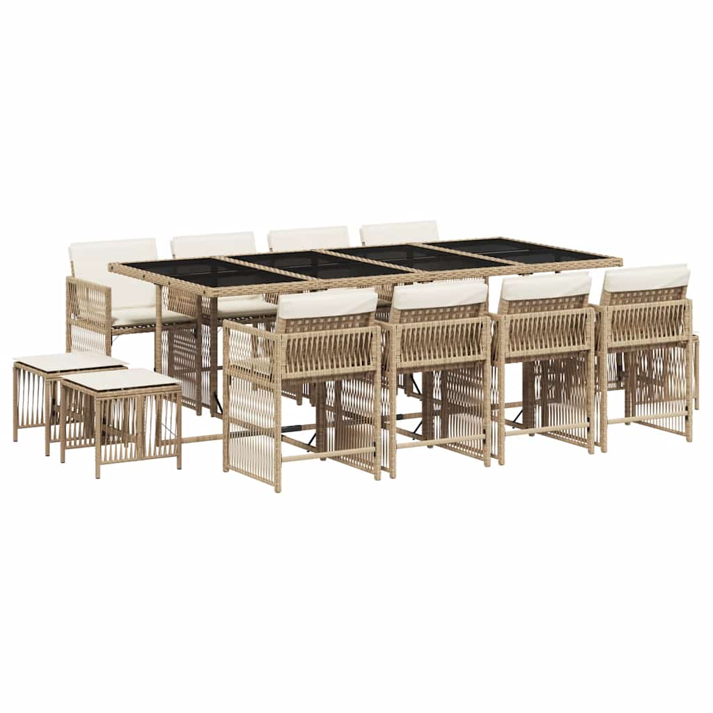 vidaXL 13 Piece Garden Dining Set with Cushions Beige Poly Rattan 2