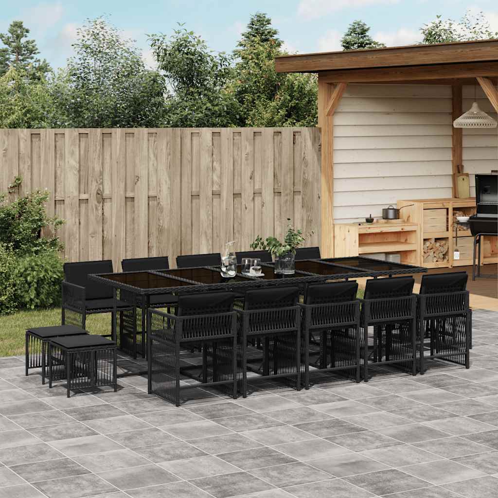 vidaXL 15 Piece Garden Dining Set with Cushions Black Poly Rattan 1