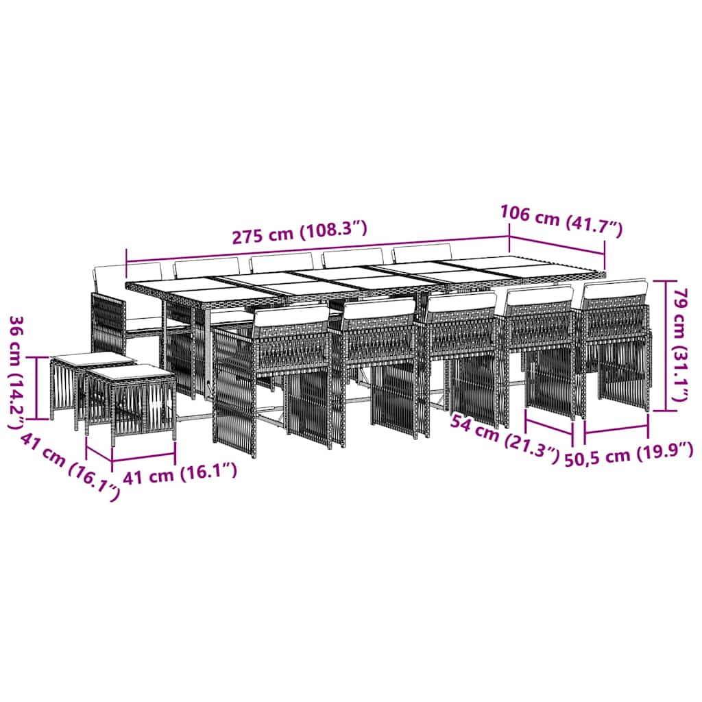 vidaXL 15 Piece Garden Dining Set with Cushions Grey Poly Rattan 6