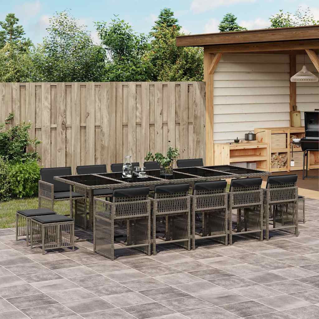 vidaXL 15 Piece Garden Dining Set with Cushions Grey Poly Rattan 1