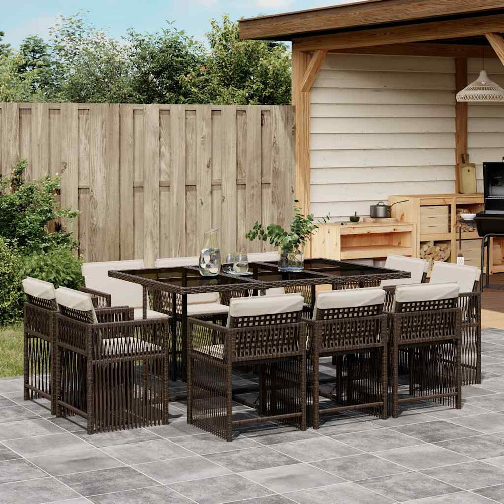 vidaXL 11 Piece Garden Dining Set with Cushions Brown Poly Rattan