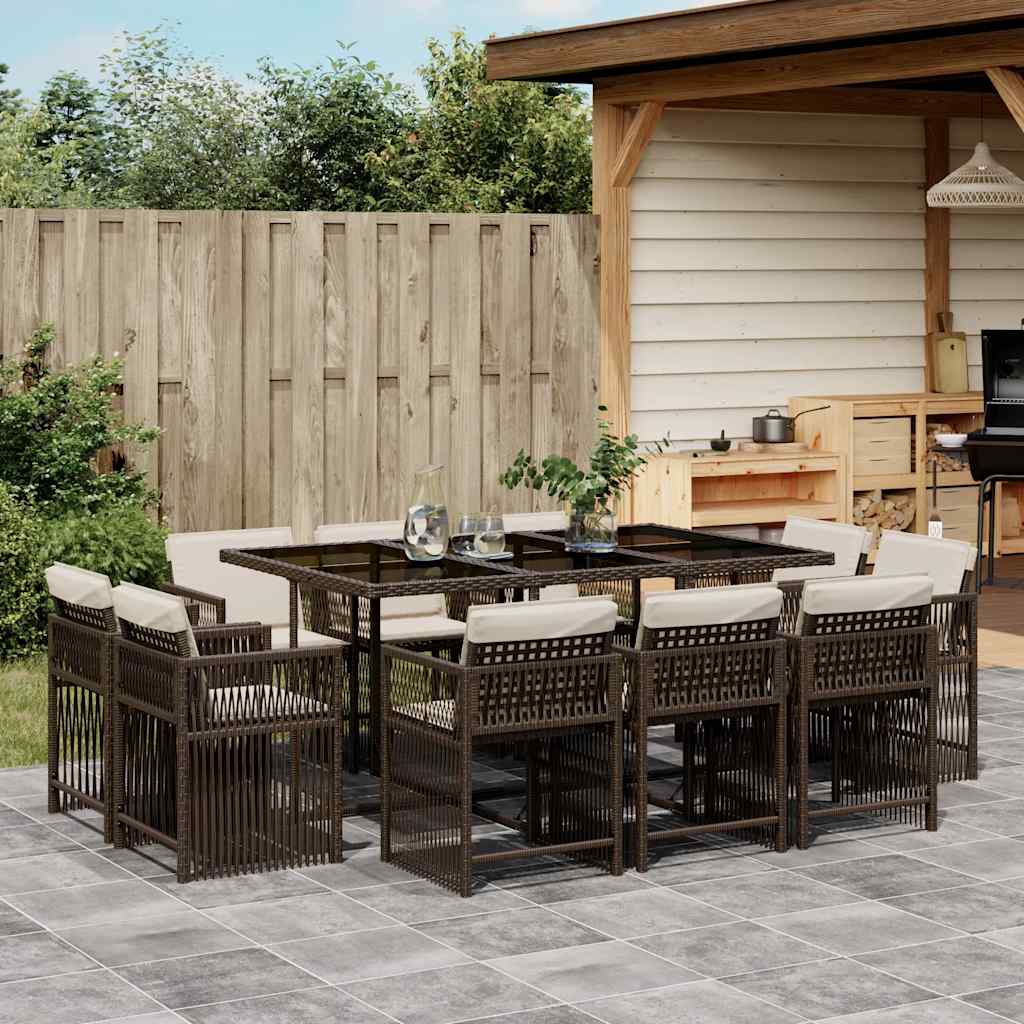 vidaXL 11 Piece Garden Dining Set with Cushions Brown Poly Rattan 1