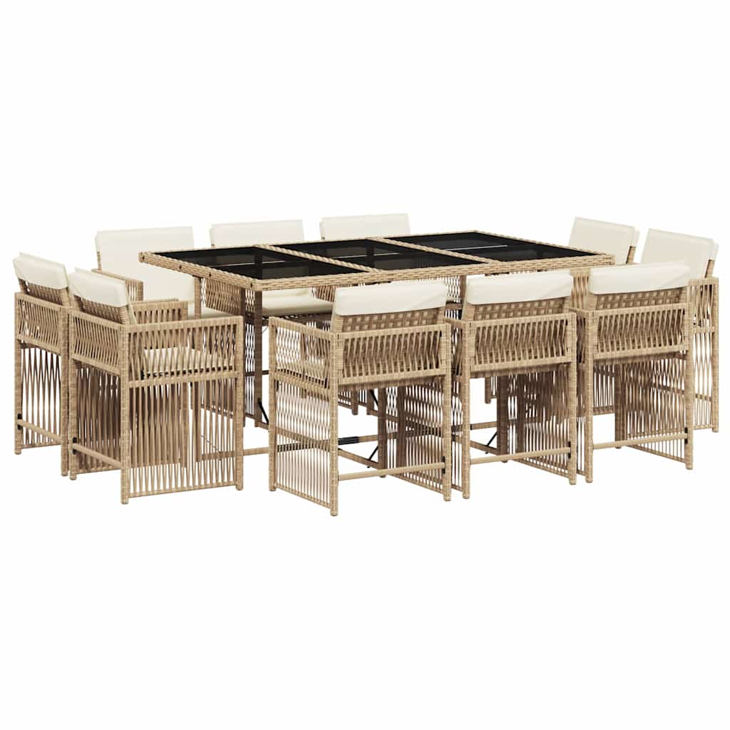 vidaXL 11 Piece Garden Dining Set with Cushions Beige Poly Rattan 2