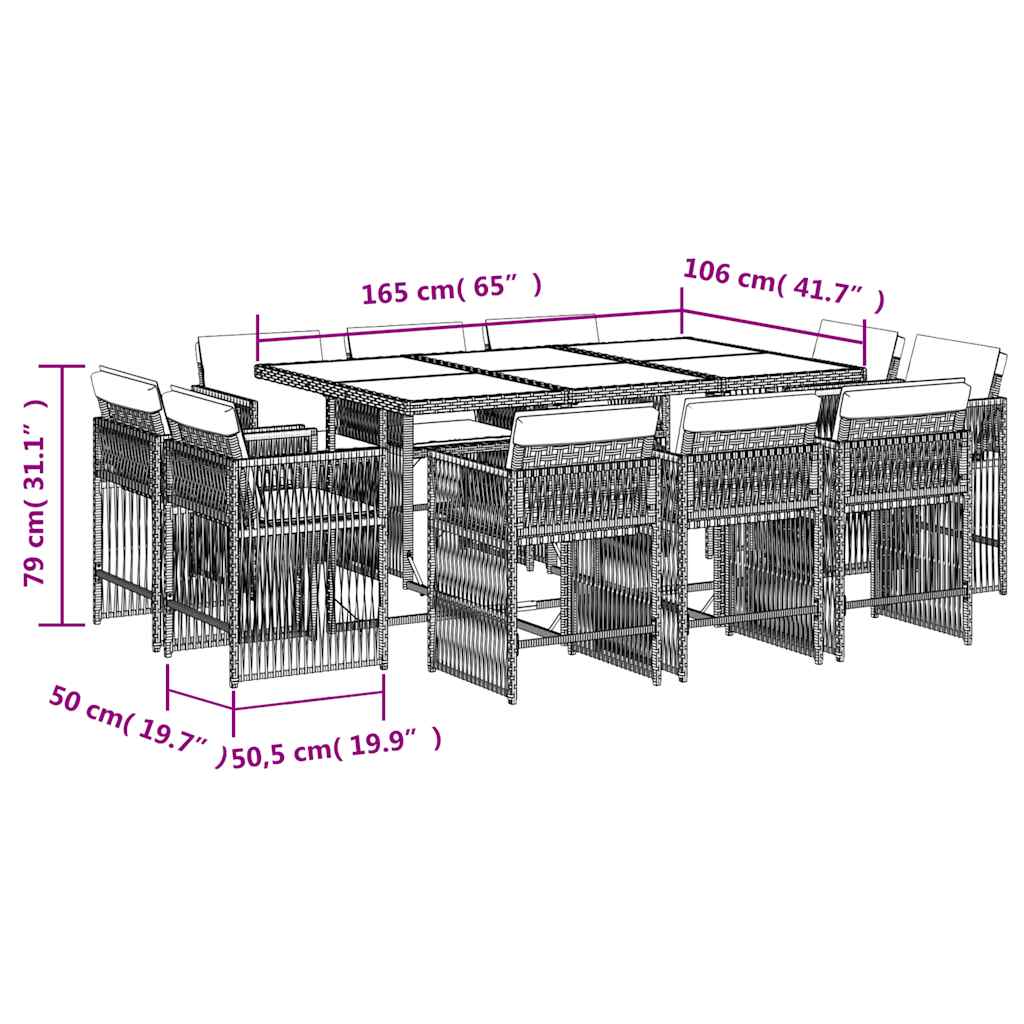 vidaXL 11 Piece Garden Dining Set with Cushions Beige Poly Rattan 5
