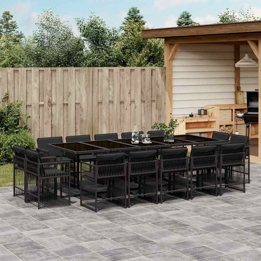 vidaXL 15 Piece Garden Dining Set with Cushions Black Poly Rattan 1