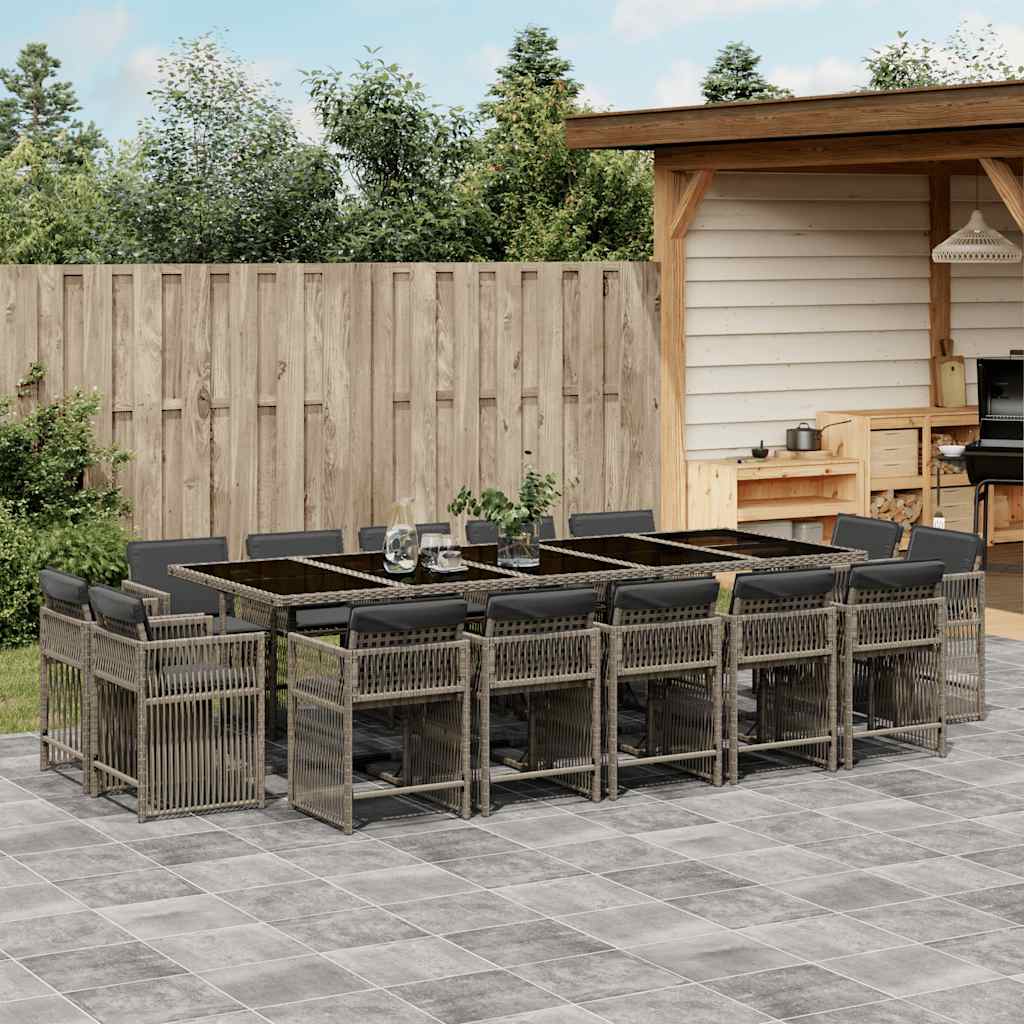 vidaXL 15 Piece Garden Dining Set with Cushions Grey Poly Rattan 1