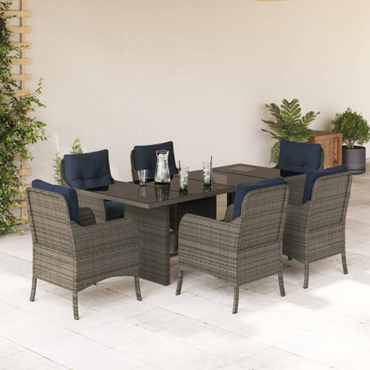 7 Piece Garden Dining Set with Cushions Grey Poly Rattan Glass 6