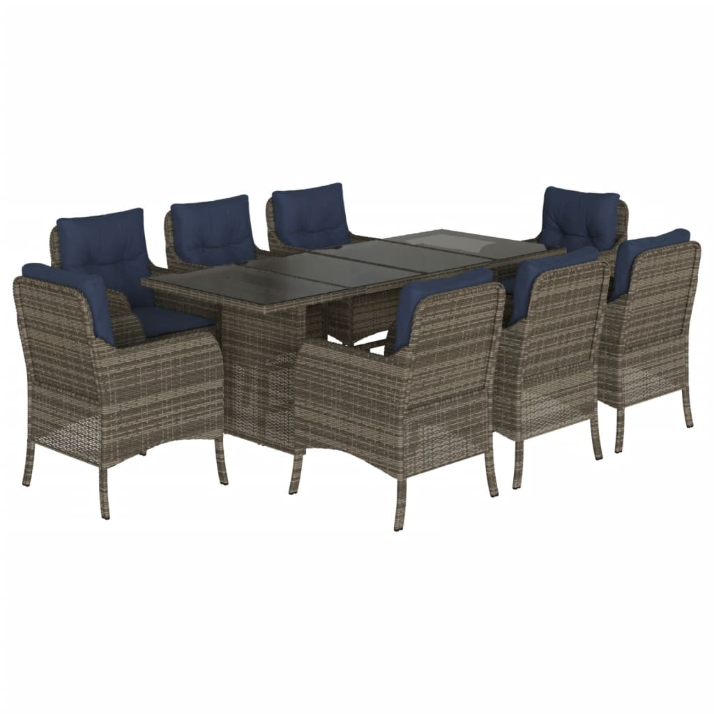 vidaXL 9 Piece Garden Dining Set with Cushions Grey Poly Rattan 2