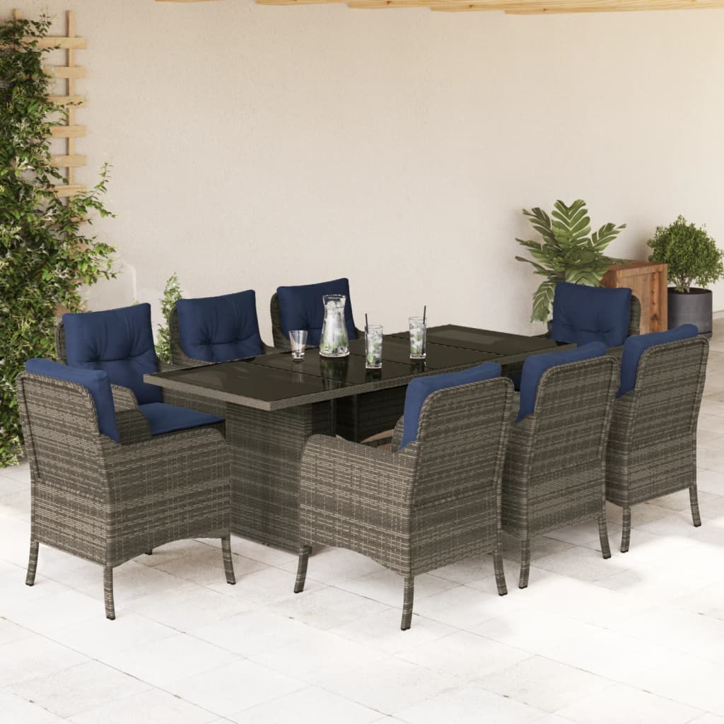 vidaXL 9 Piece Garden Dining Set with Cushions Grey Poly Rattan 1