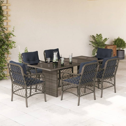 7 Piece Garden Dining Set with Cushions Grey Poly Rattan Glass 6