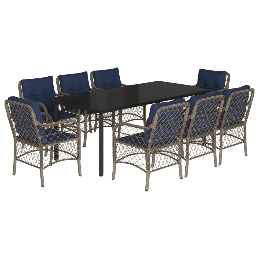 vidaXL 9 Piece Garden Dining Set with Cushions Grey Poly Rattan 2