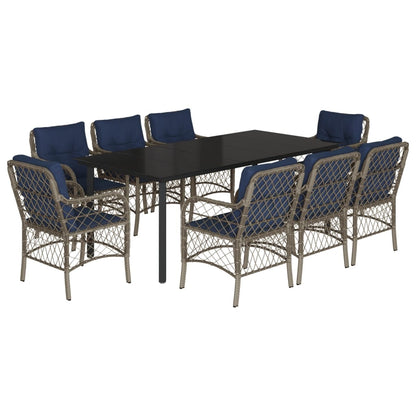 vidaXL 9 Piece Garden Dining Set with Cushions Grey Poly Rattan 2