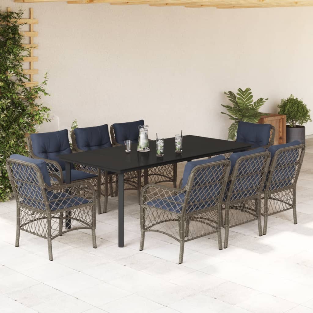 vidaXL 9 Piece Garden Dining Set with Cushions Grey Poly Rattan 1