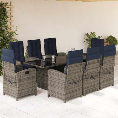 vidaXL 9 Piece Garden Dining Set with Cushions Grey Poly Rattan 1