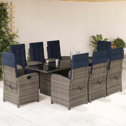 9 Piece Garden Dining Set with Cushions Grey Poly Rattan With footrest 8