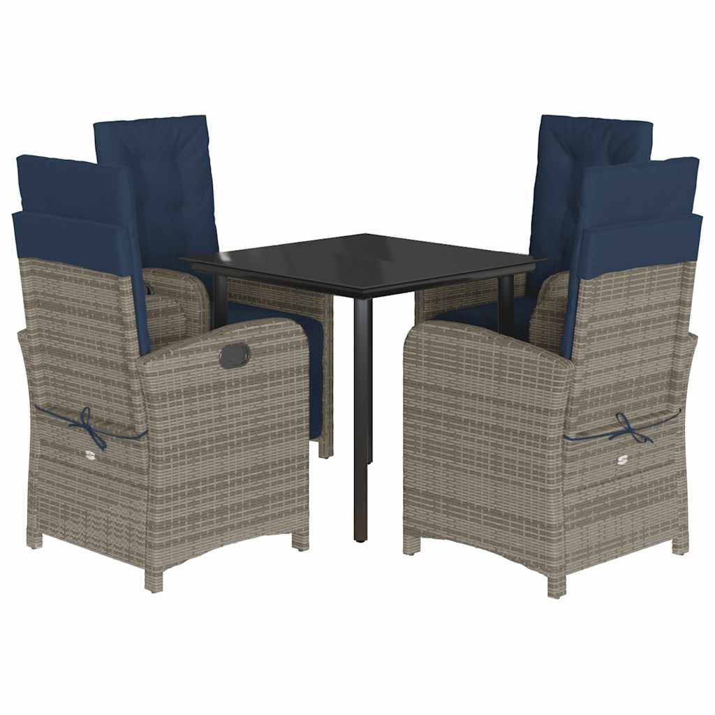 5 Piece Garden Dining Set with Cushions Grey Poly Rattan 80 cm table length with footrest 4