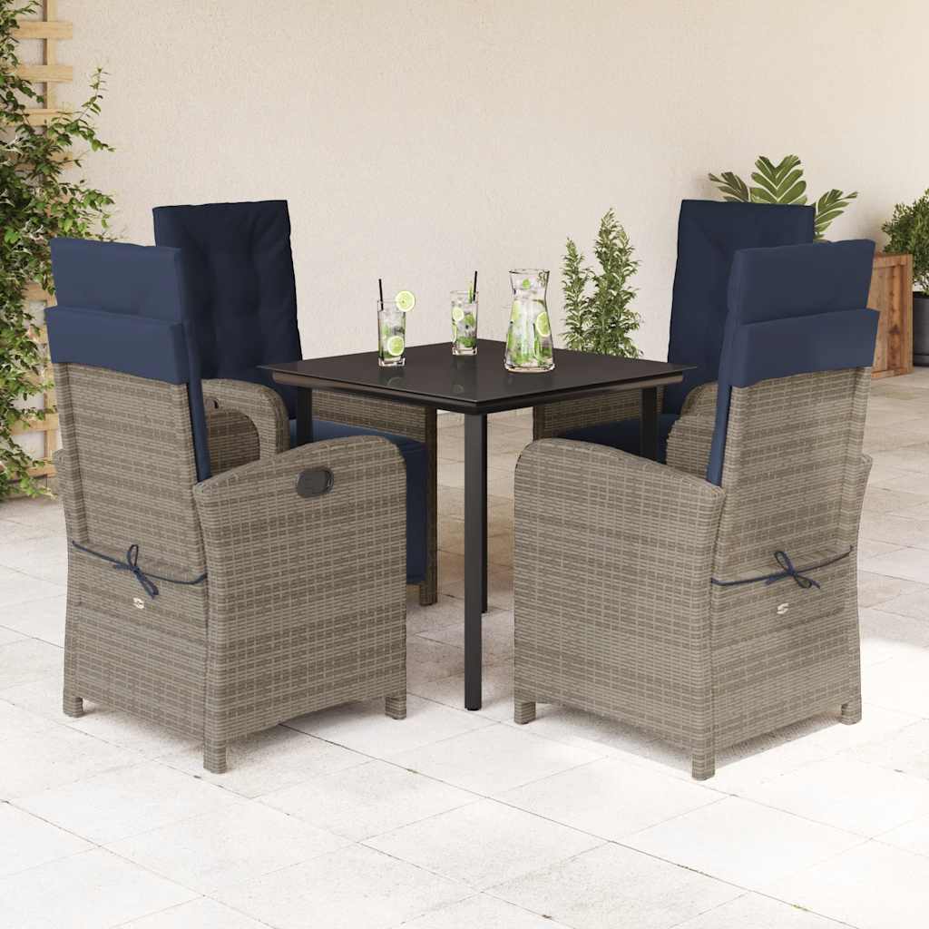 5 Piece Garden Dining Set with Cushions Grey Poly Rattan 80 cm table length with footrest 4
