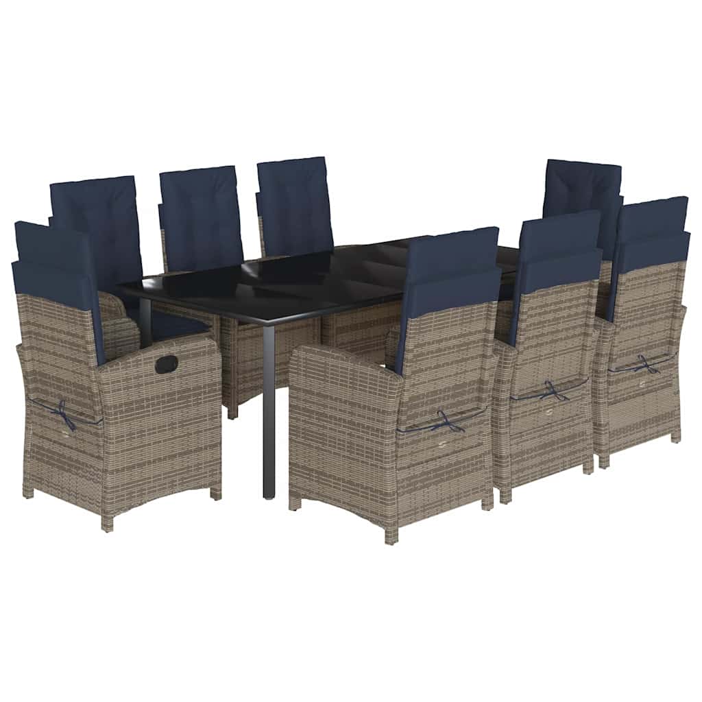 vidaXL 9 Piece Garden Dining Set with Cushions Grey Poly Rattan 2