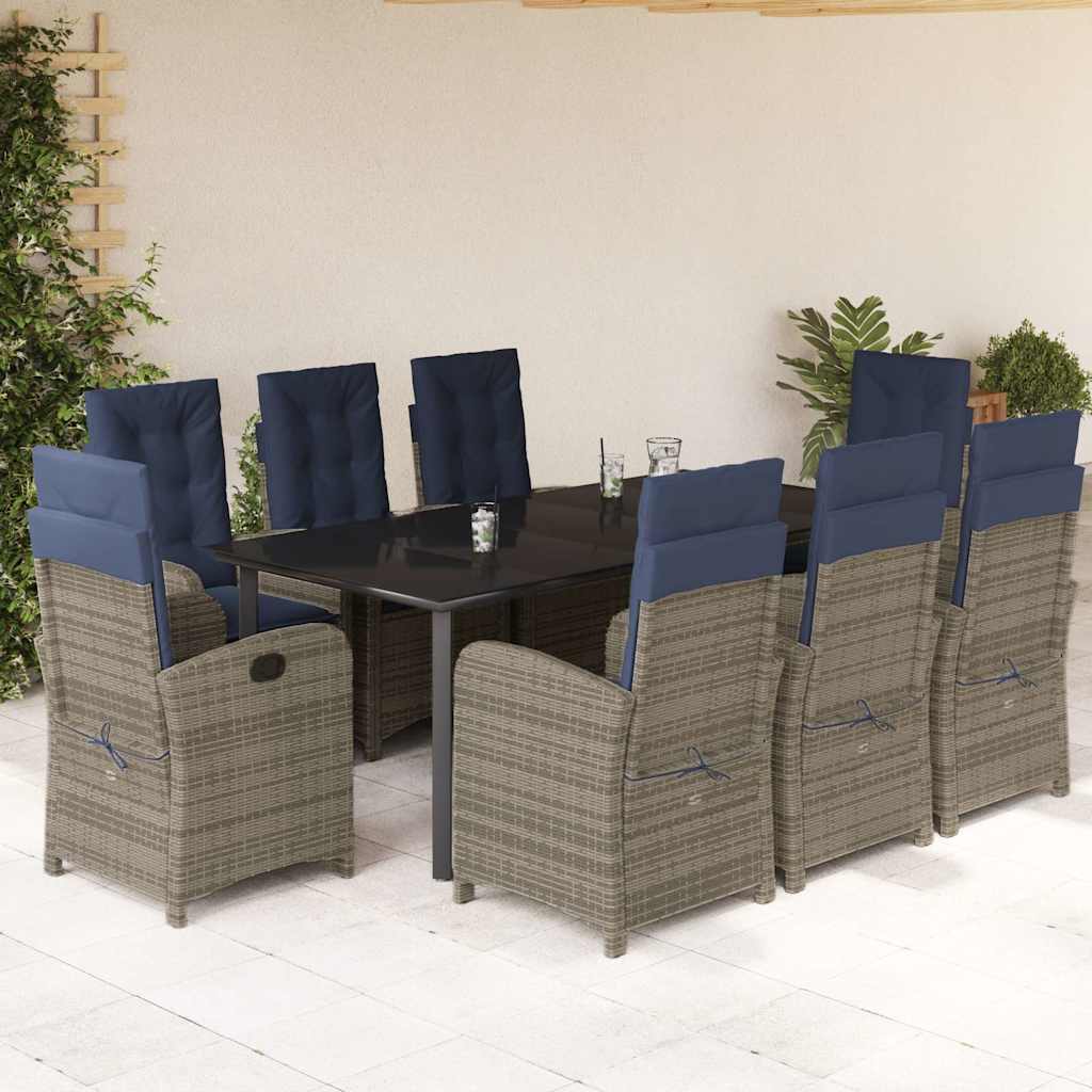 vidaXL 9 Piece Garden Dining Set with Cushions Grey Poly Rattan 1